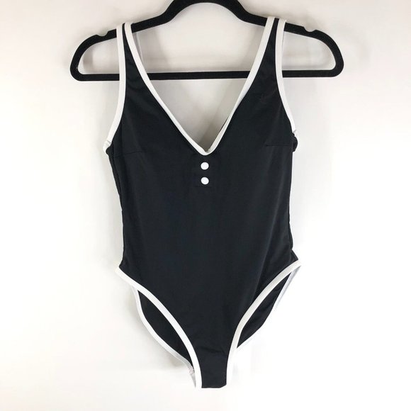 Aqua Swim 1/4 Placket Light Support One Piece Swimsuit Button Black White S - Picture 3 of 5